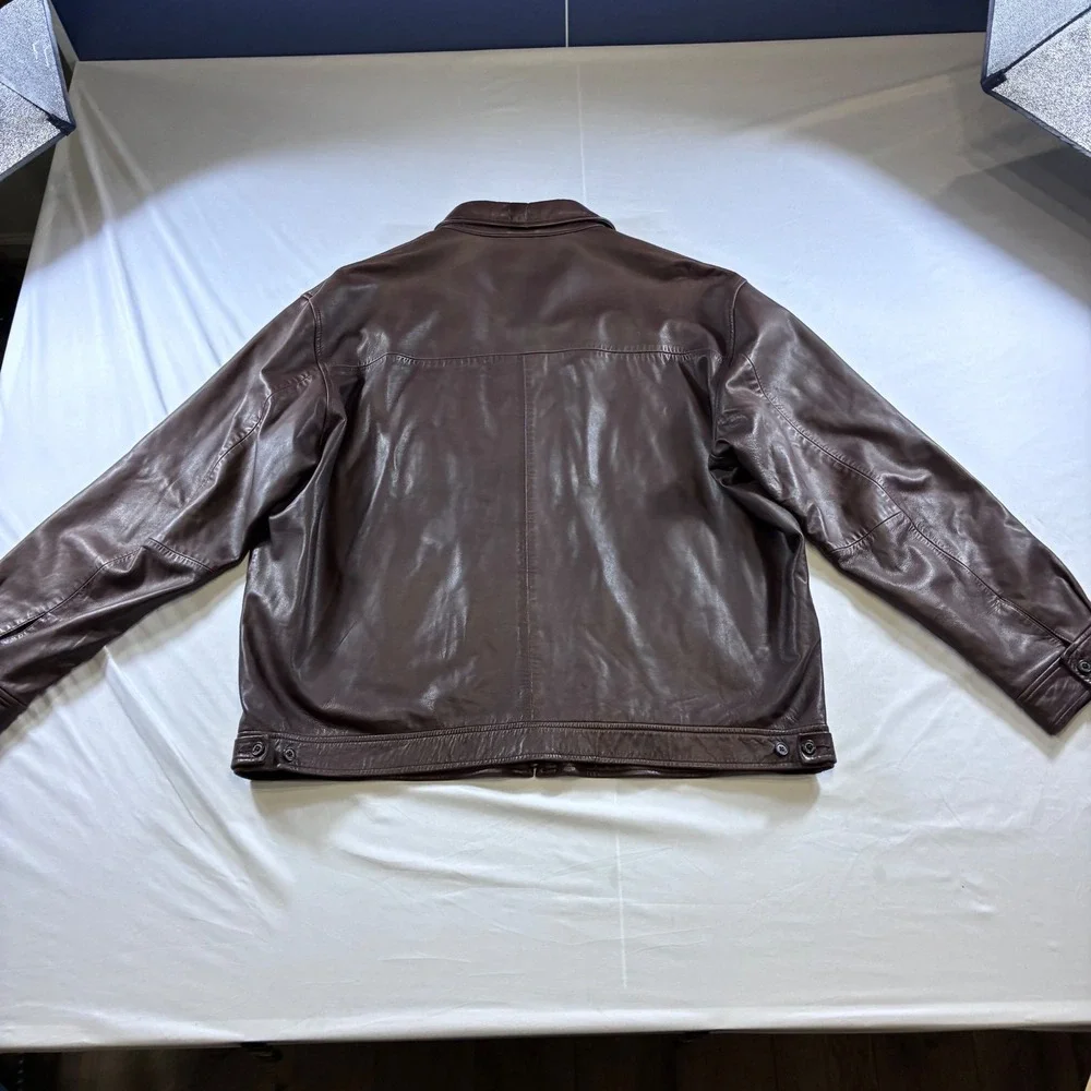 Polo Ralph Lauren Mens XXL Brown Leather Harrington Jacket Houndstooth Lining